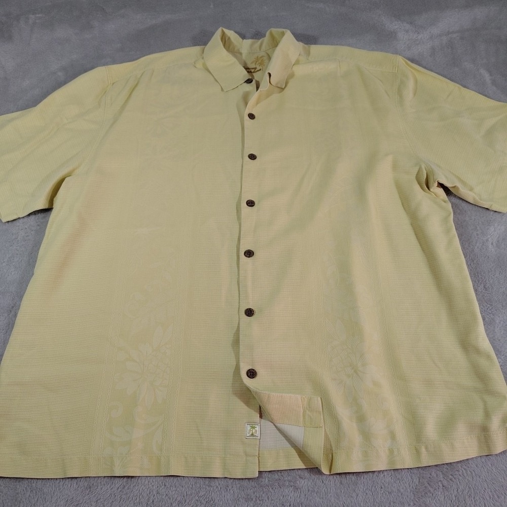 Tommy Bahama Silk Shirt Men XXL Yellow Cream Bowling Hawaiian Tropical Travel